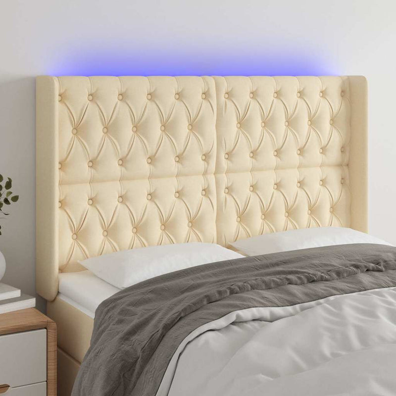 Tăblie de pat cu LED, crem, 147x16x118/128 cm, textil