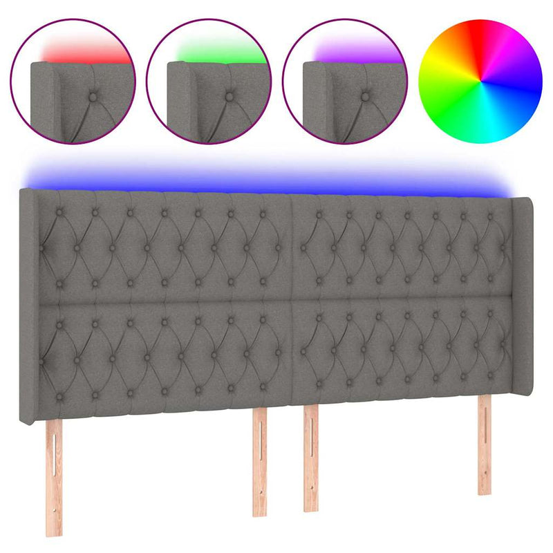 Tăblie de pat cu LED, gri închis, 183x16x118/128 cm, textil