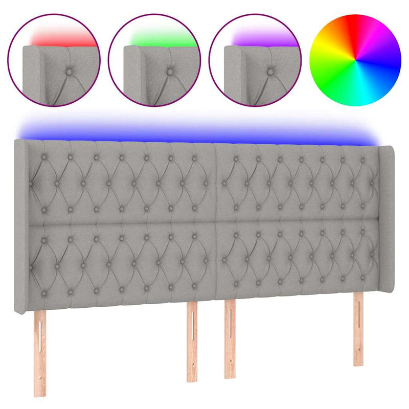 Tăblie de pat cu LED, gri deschis, 203x16x118/128 cm, textil