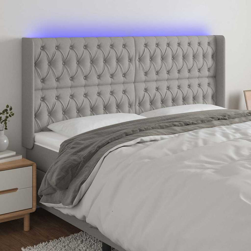 Tăblie de pat cu LED, gri deschis, 203x16x118/128 cm, textil