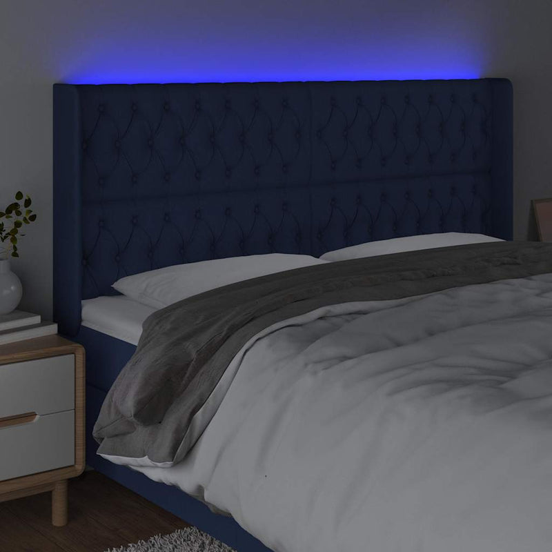 Tăblie de pat cu LED, albastru, 203x16x118/128 cm, textil