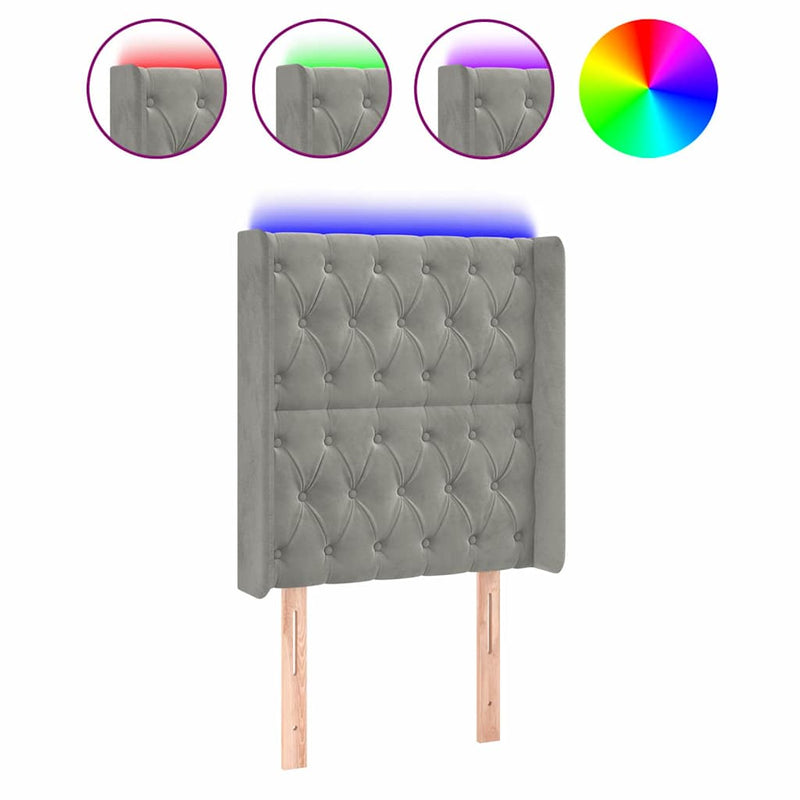 Tăblie de pat cu LED, gri deschis, 83x16x118/128 cm, catifea