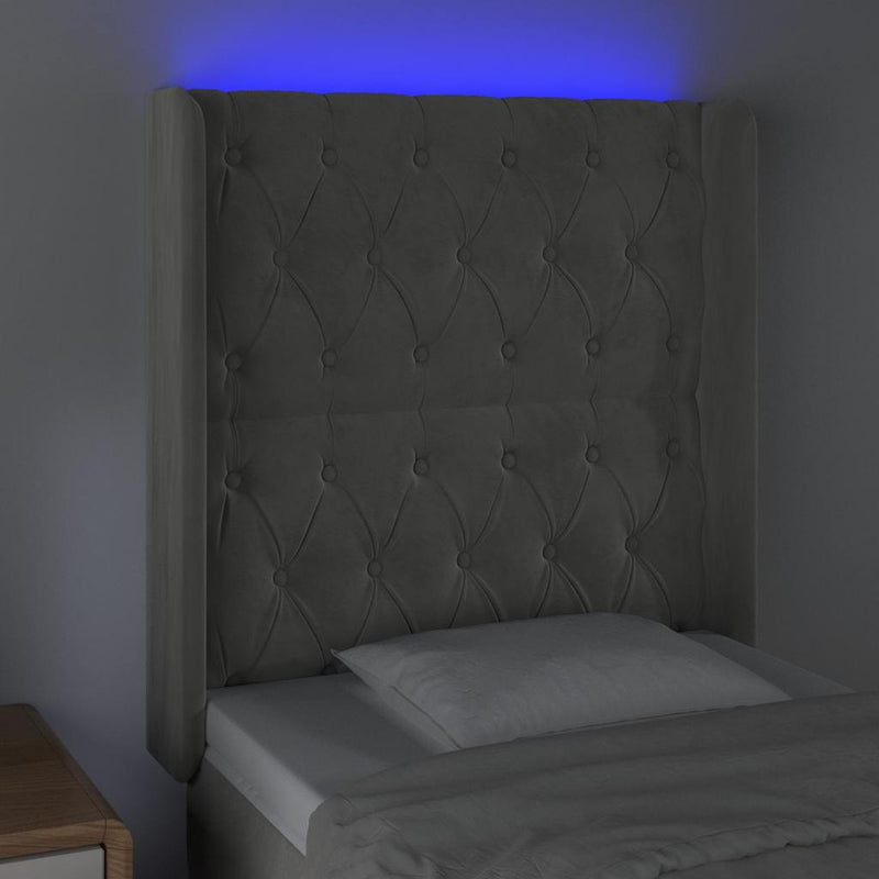 Tăblie de pat cu LED, gri deschis, 83x16x118/128 cm, catifea