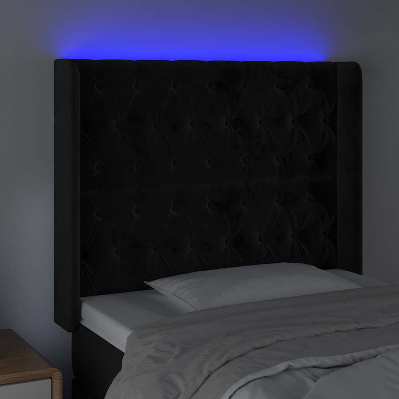 Tăblie de pat cu LED, negru, 93x16x118/128 cm, catifea