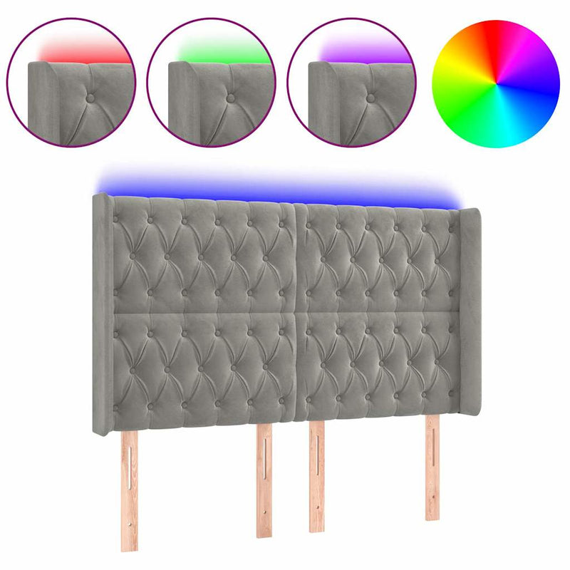 Tăblie de pat cu LED, gri deschis, 147x16x118/128 cm, catifea