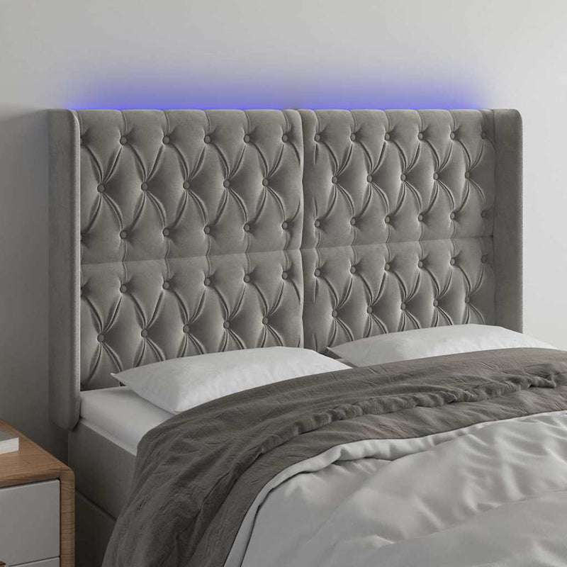 Tăblie de pat cu LED, gri deschis, 147x16x118/128 cm, catifea