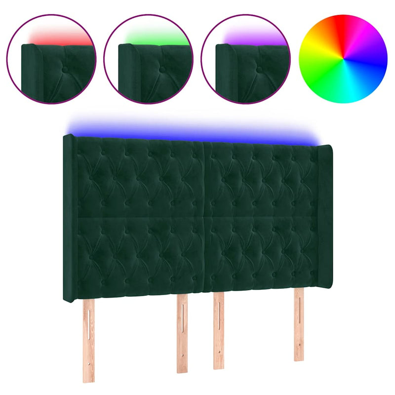 Tăblie de pat cu LED, verde închis, 147x16x118/128 cm, catifea