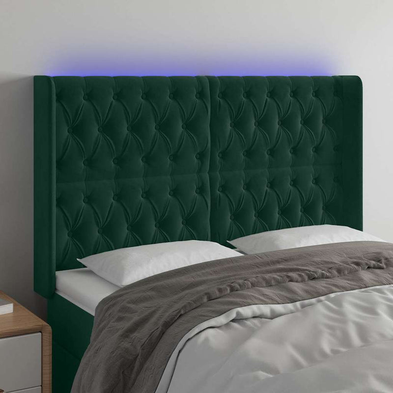 Tăblie de pat cu LED, verde închis, 147x16x118/128 cm, catifea