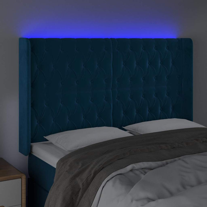 Tăblie de pat cu LED, albastru închis, 147x16x118/128cm catifea