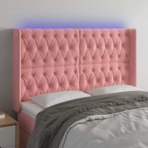 Tăblie de pat cu LED, roz, 147x16x118/128 cm, catifea