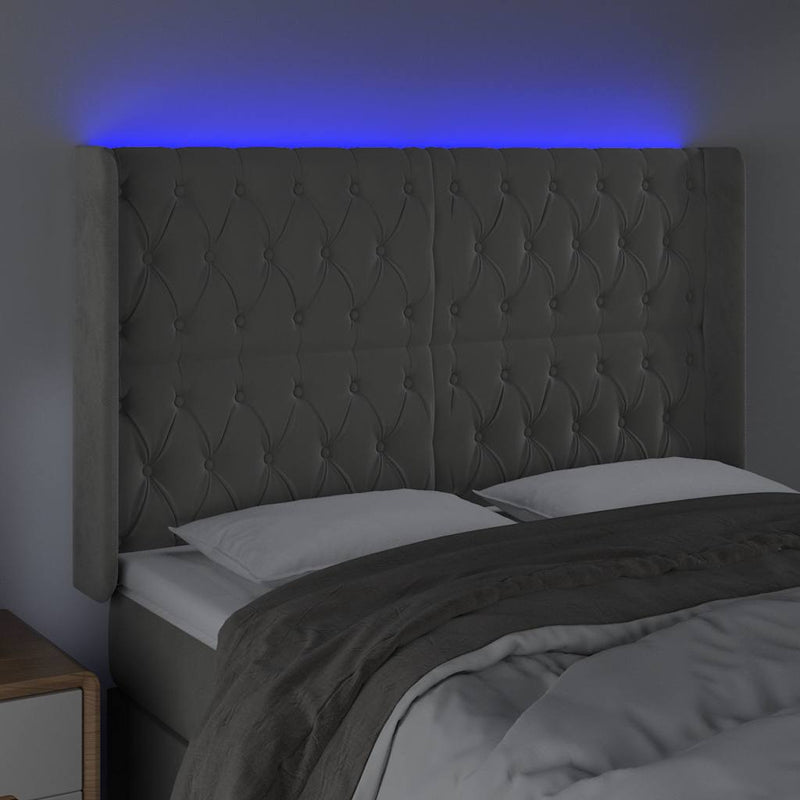 Tăblie de pat cu LED, gri deschis, 163x16x118/128 cm, catifea