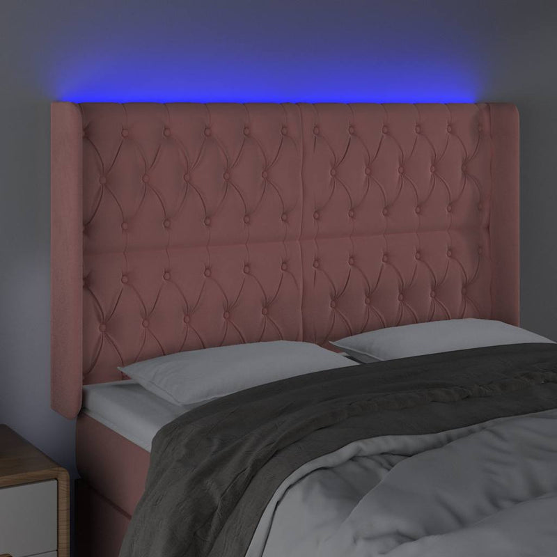 Tăblie de pat cu LED, roz, 163x16x118/128 cm, catifea