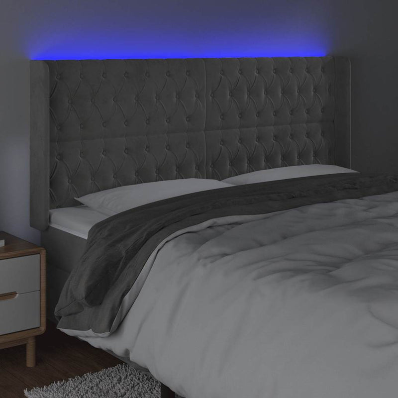 Tăblie de pat cu LED, gri deschis, 183x16x118/128 cm, catifea