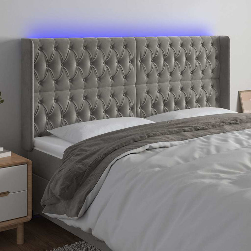 Tăblie de pat cu LED, gri deschis, 183x16x118/128 cm, catifea
