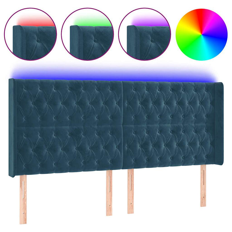 Tăblie de pat cu LED, albastru închis, 183x16x118/128cm catifea