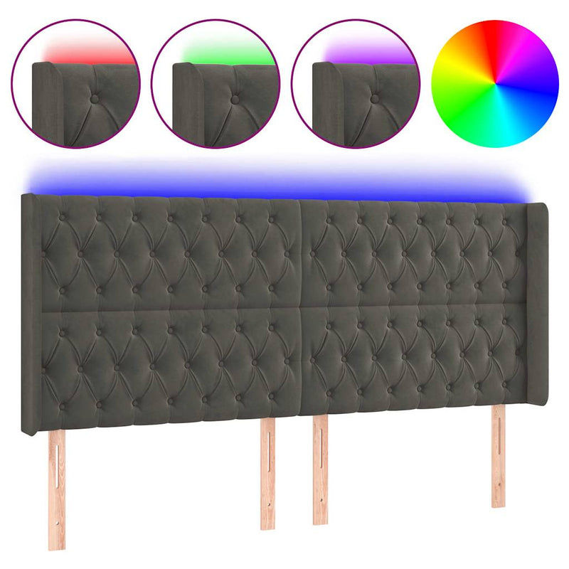 Tăblie de pat cu LED, gri închis, 203x16x118/128 cm, catifea