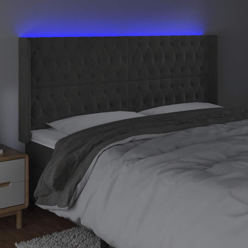 Tăblie de pat cu LED, gri închis, 203x16x118/128 cm, catifea