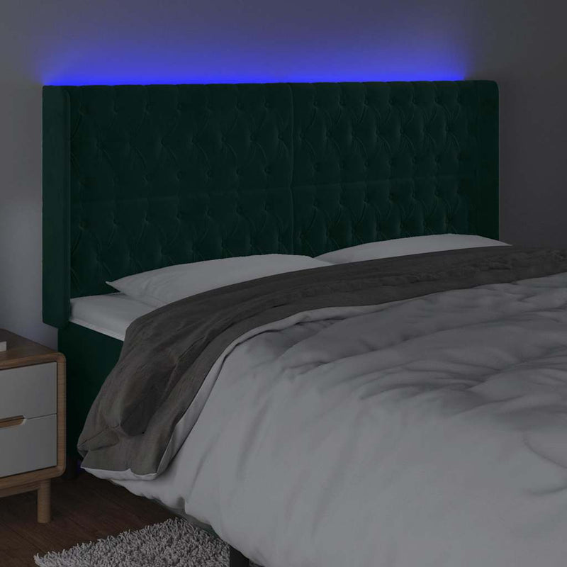 Tăblie de pat cu LED, verde închis, 203x16x118/128 cm, catifea