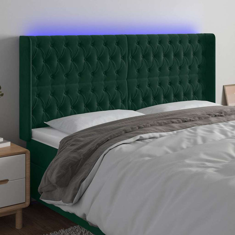 Tăblie de pat cu LED, verde închis, 203x16x118/128 cm, catifea