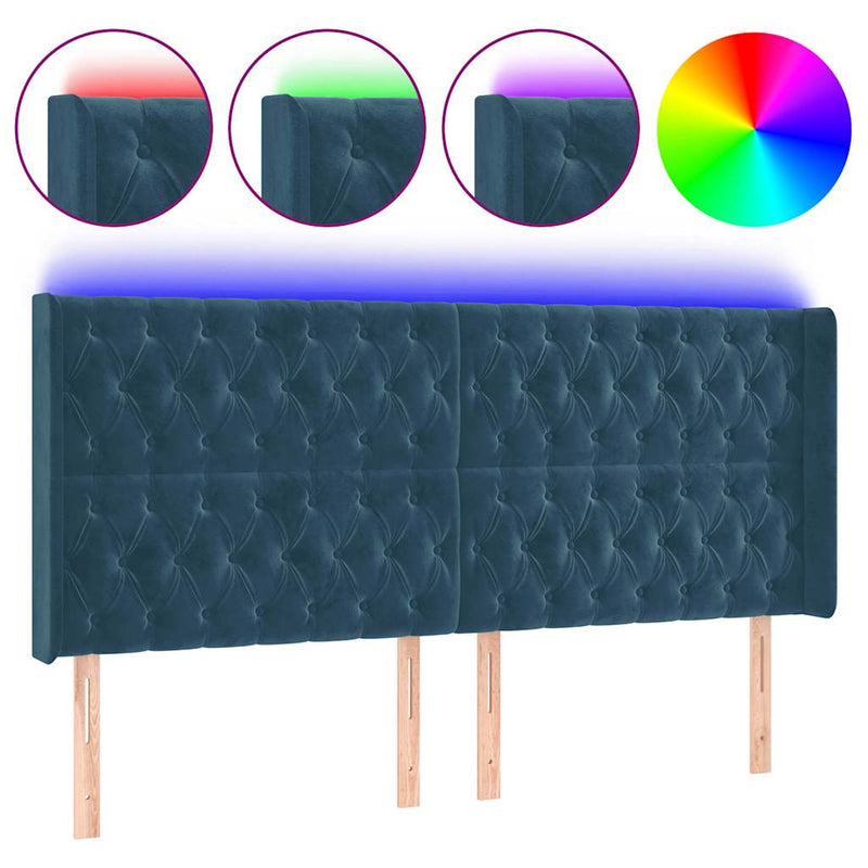Tăblie de pat cu LED, albastru închis, 203x16x118/128cm catifea