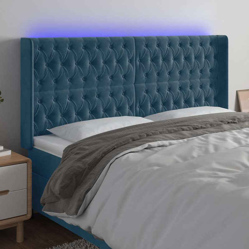 Tăblie de pat cu LED, albastru închis, 203x16x118/128cm catifea