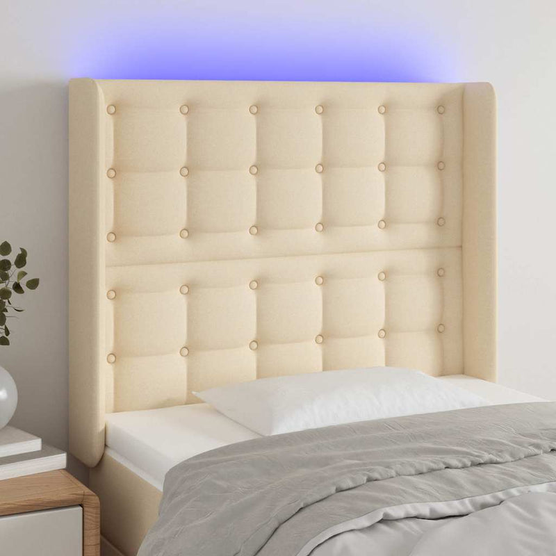 Tăblie de pat cu LED, crem, 83x16x118/128 cm, textil