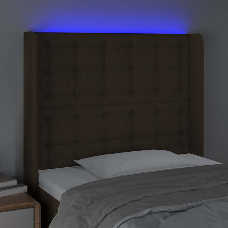 Tăblie de pat cu LED, maro închis, 93x16x118/128 cm, textil