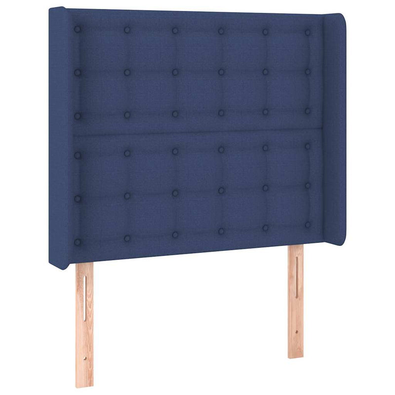Tăblie de pat cu LED, albastru, 93x16x118/128 cm, textil