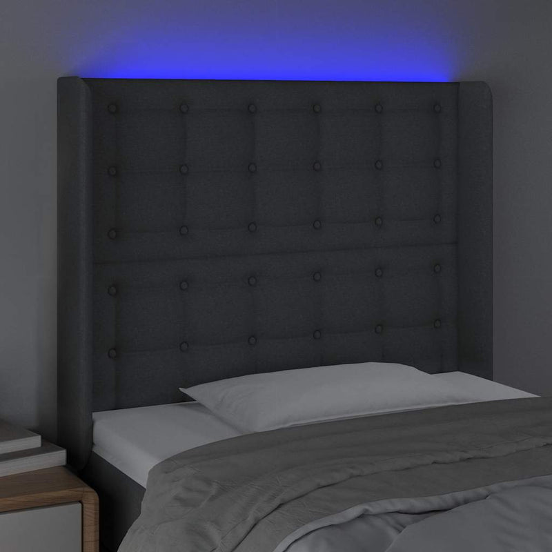 Tăblie de pat cu LED, gri închis, 103x16x118/128 cm, textil