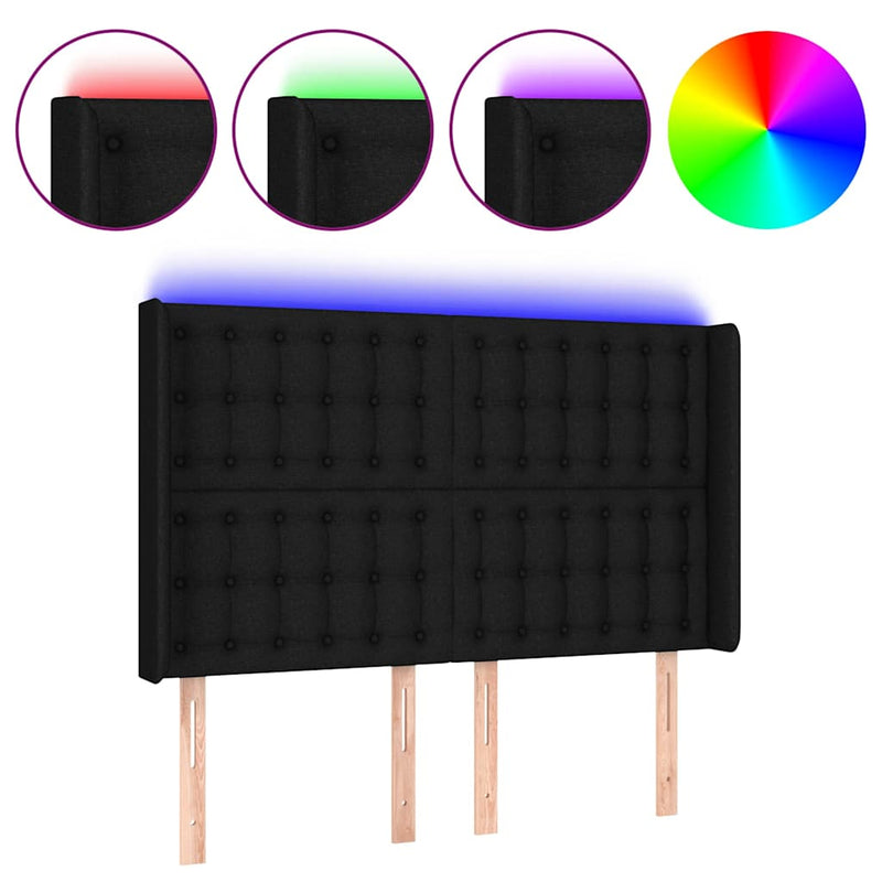 Tăblie de pat cu LED, negru, 147x16x118/128 cm, textil