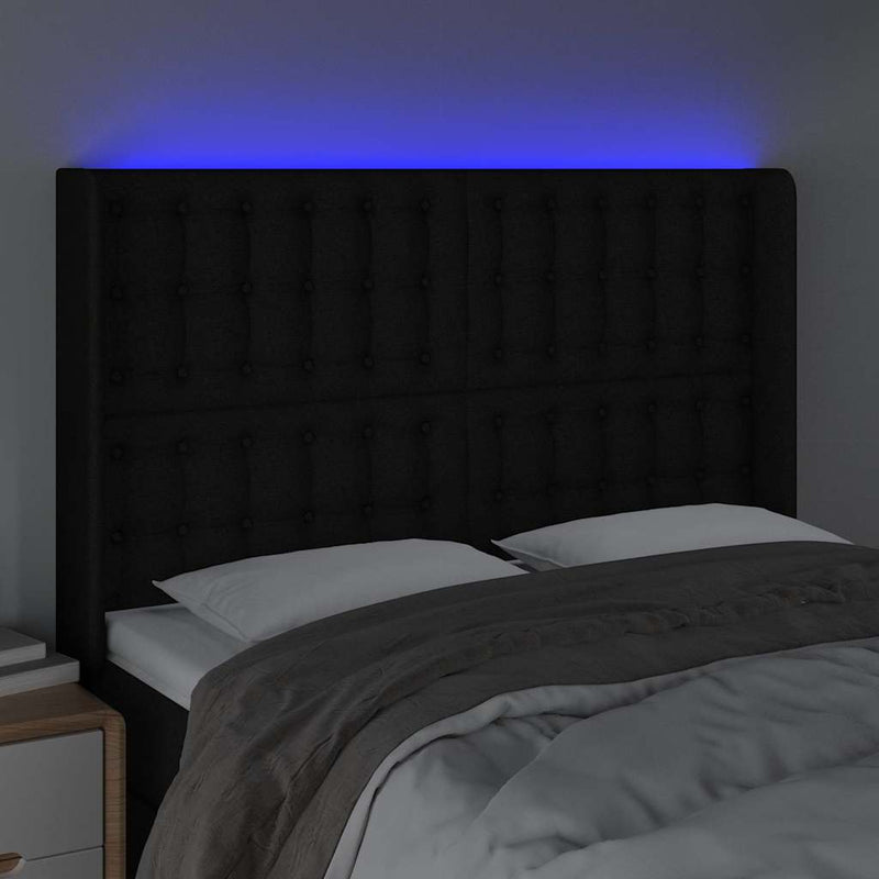 Tăblie de pat cu LED, negru, 147x16x118/128 cm, textil