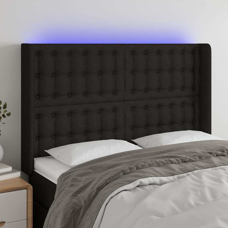 Tăblie de pat cu LED, negru, 147x16x118/128 cm, textil