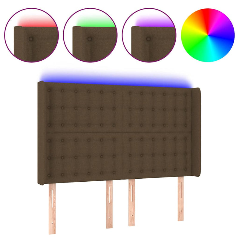 Tăblie de pat cu LED, maro închis, 147x16x118/128 cm, textil
