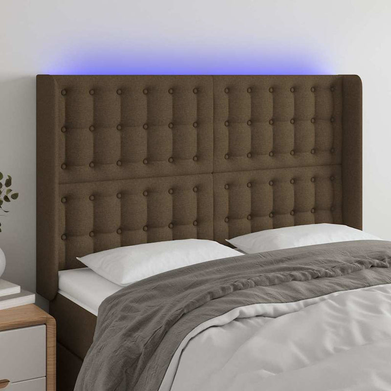 Tăblie de pat cu LED, maro închis, 147x16x118/128 cm, textil