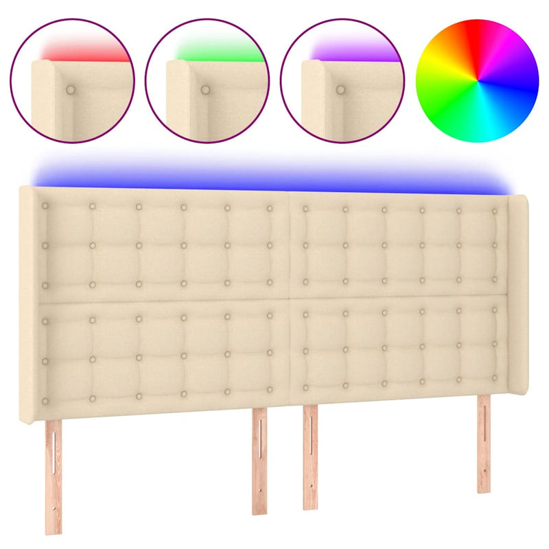 Tăblie de pat cu LED, crem, 163x16x118/128 cm, textil
