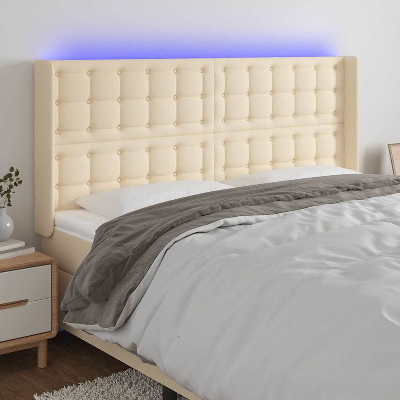 Tăblie de pat cu LED, crem, 163x16x118/128 cm, textil
