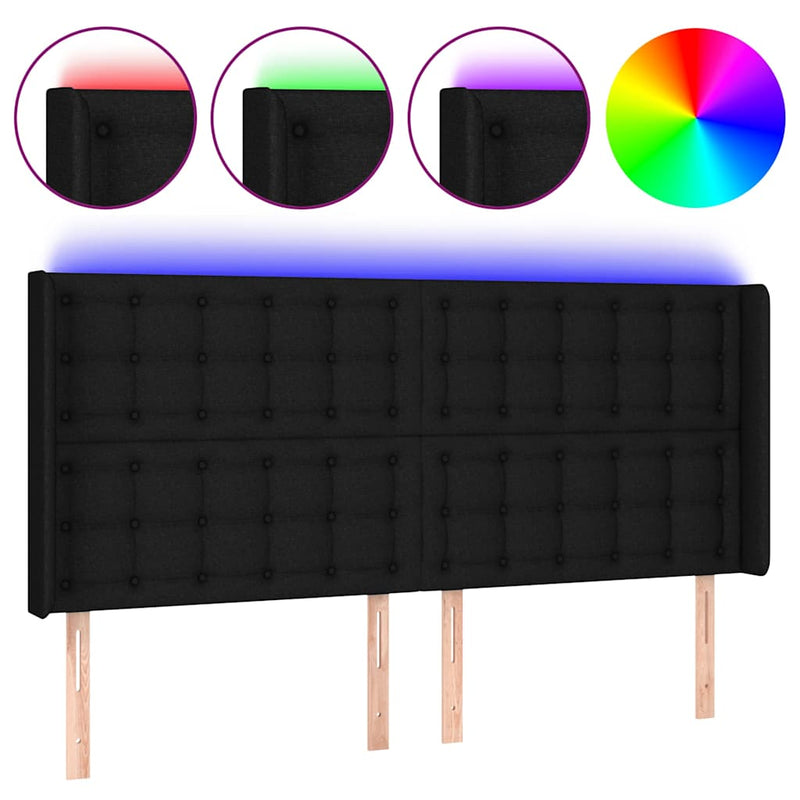 Tăblie de pat cu LED, negru, 183x16x118/128 cm, textil