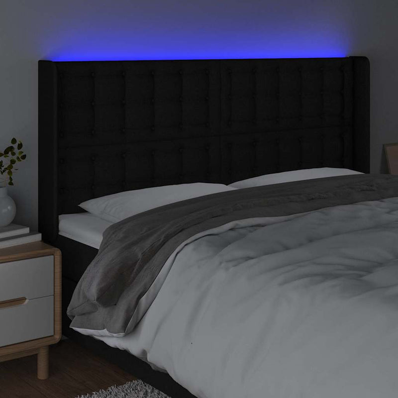 Tăblie de pat cu LED, negru, 183x16x118/128 cm, textil