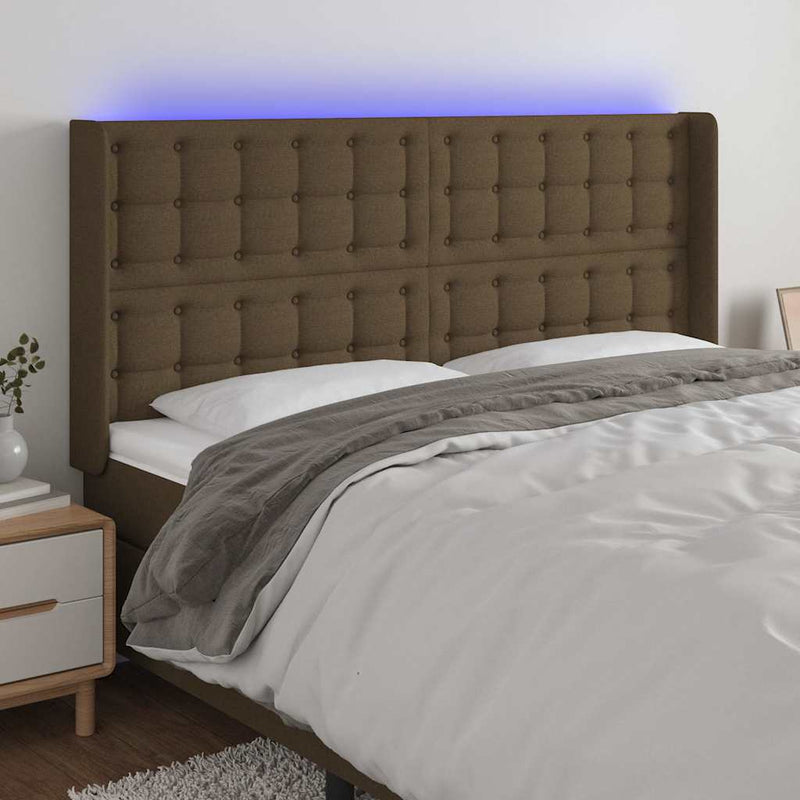 Tăblie de pat cu LED, maro închis, 183x16x118/128 cm, textil