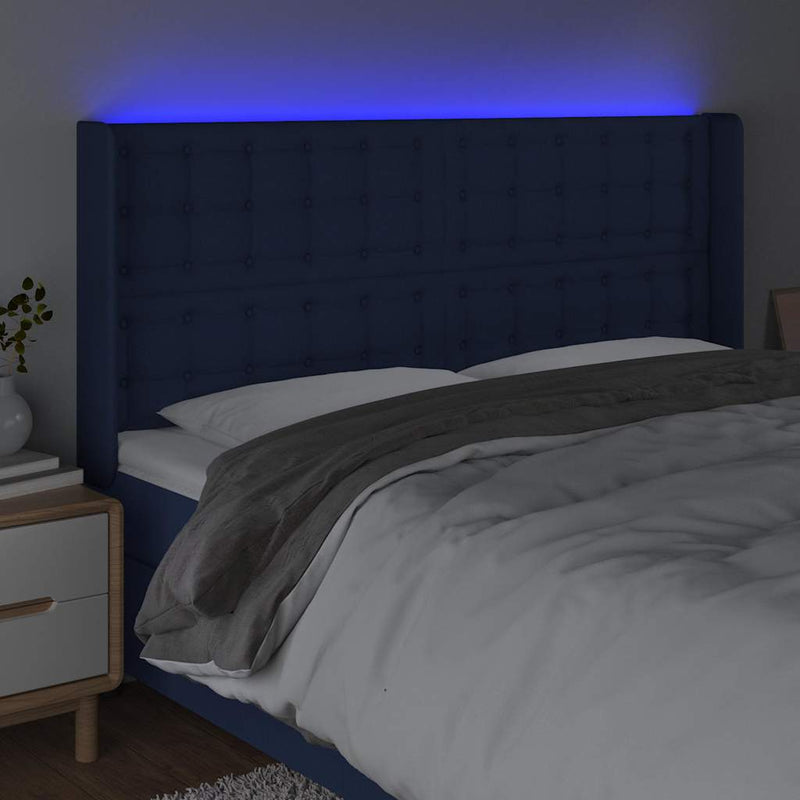 Tăblie de pat cu LED, albastru, 183x16x118/128 cm, textil