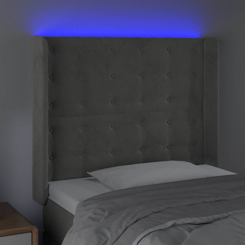 Tăblie de pat cu LED, gri deschis, 83x16x118/128 cm, catifea