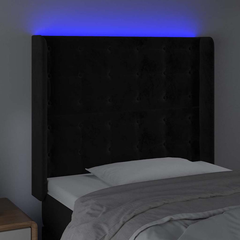Tăblie de pat cu LED, negru, 83x16x118/128 cm, catifea