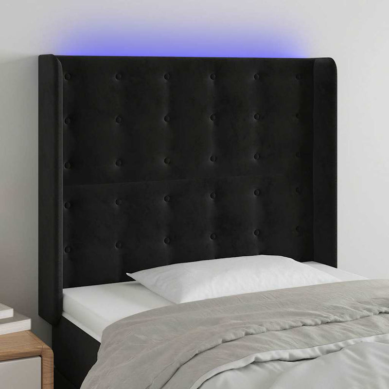 Tăblie de pat cu LED, negru, 83x16x118/128 cm, catifea