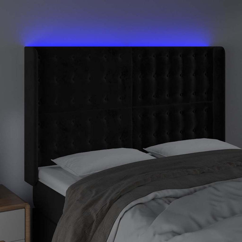 Tăblie de pat cu LED, negru, 147x16x118/128 cm, catifea