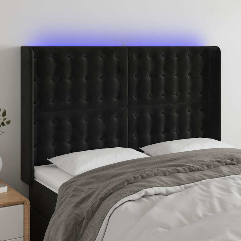 Tăblie de pat cu LED, negru, 147x16x118/128 cm, catifea