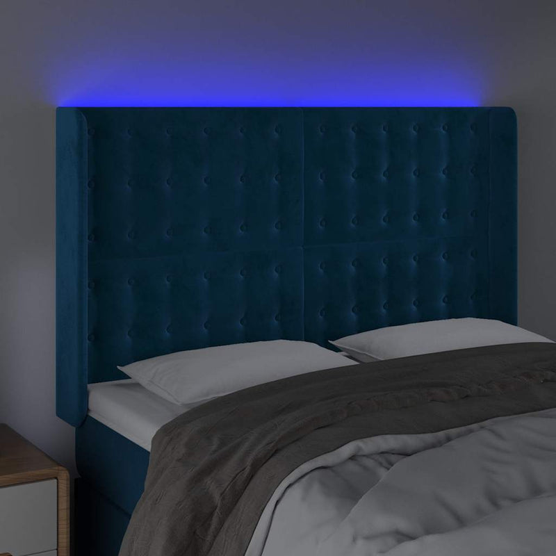 Tăblie de pat cu LED, albastru închis, 147x16x118/128cm catifea