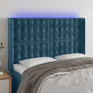 Tăblie de pat cu LED, albastru închis, 147x16x118/128cm catifea