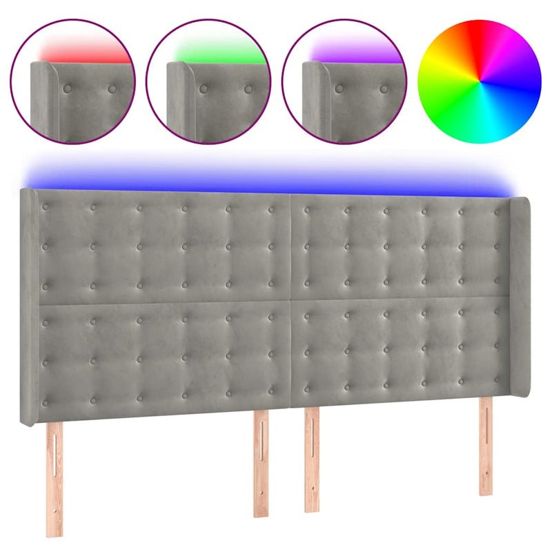 Tăblie de pat cu LED, gri deschis, 163x16x118/128 cm, catifea