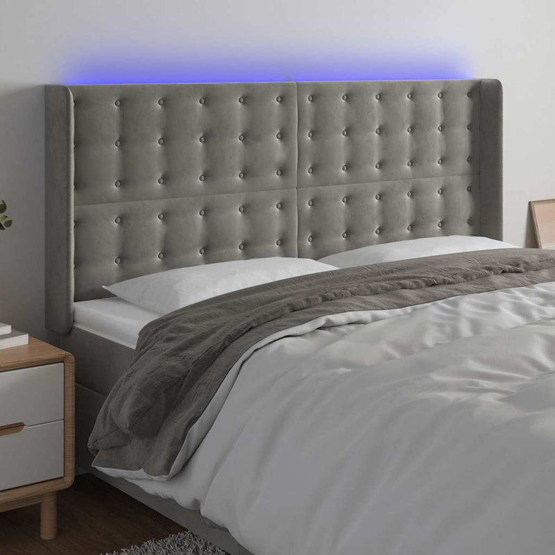 Tăblie de pat cu LED, gri deschis, 163x16x118/128 cm, catifea