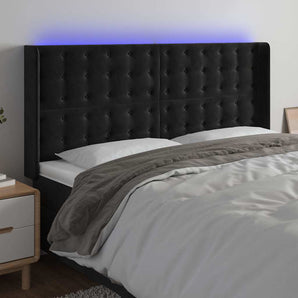Tăblie de pat cu LED, negru, 163x16x118/128 cm, catifea